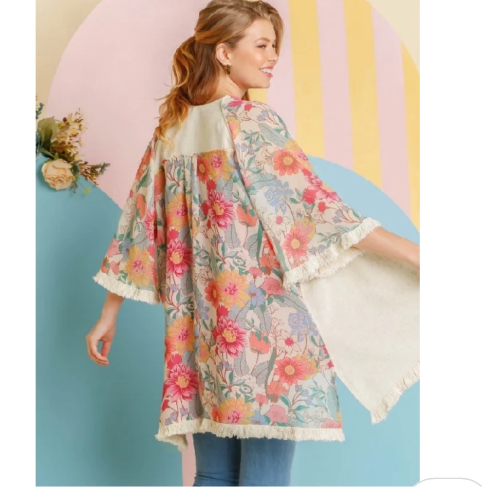 Umgee Coral Floral Kimono Duster Fringe Trim Boho Cardigan Size Small / Medium - Picture 11 of 13